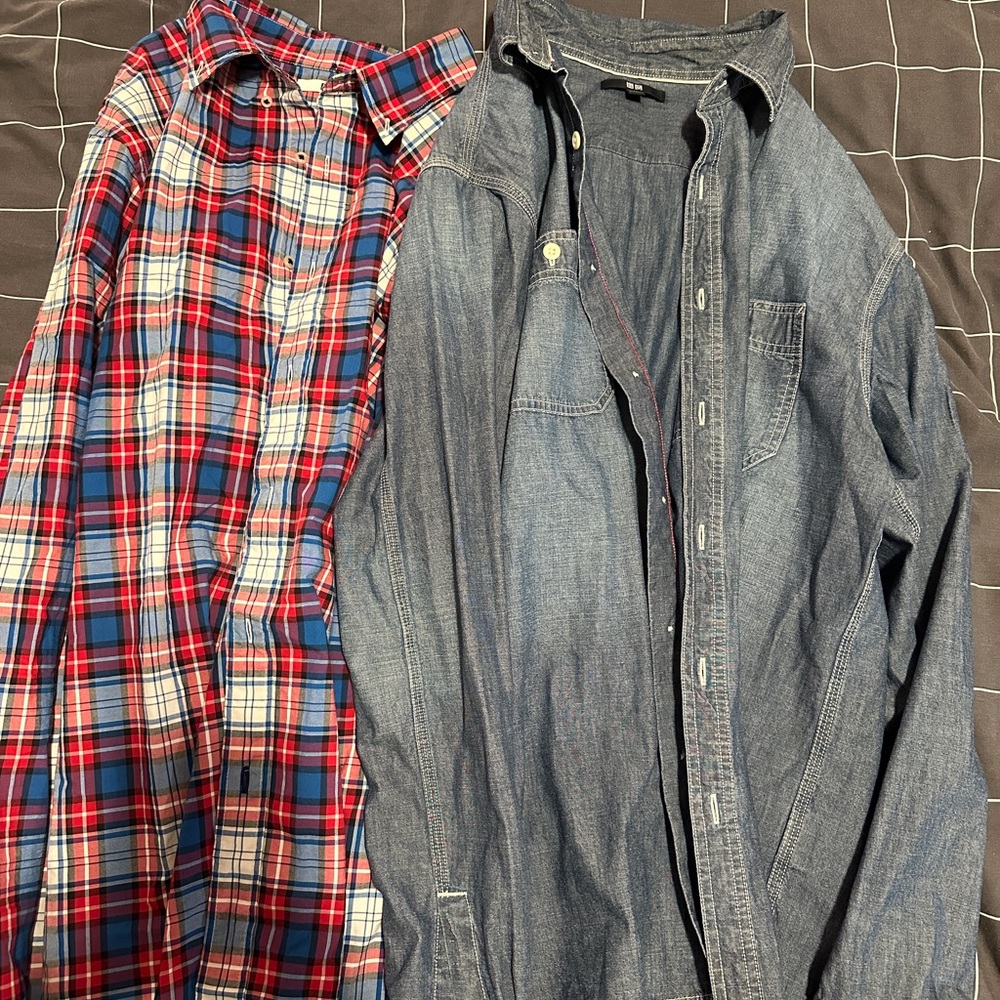 Uniqlo Red & Blue Plaid Shirt with Blue Chambray Button-Down